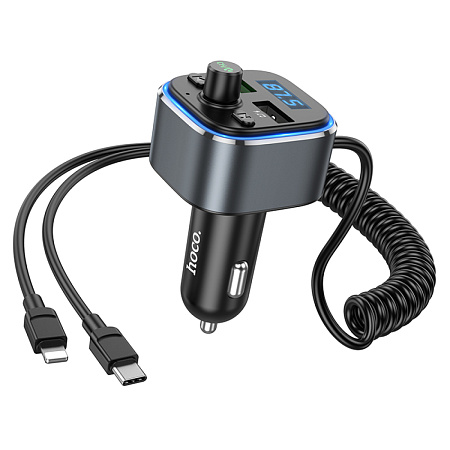 Bluetooth FM модулятор, E74, HOCO, с кабелем Type-C и Lightning, серый