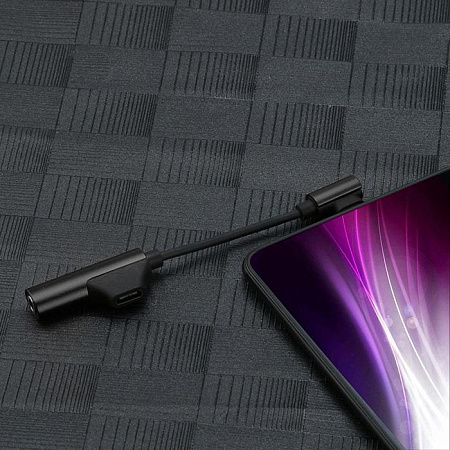 Переходник Type-C на 3,5mm Jack+зарядка Type-C, угловой со шнуром, поддерживает не все samsung, черный