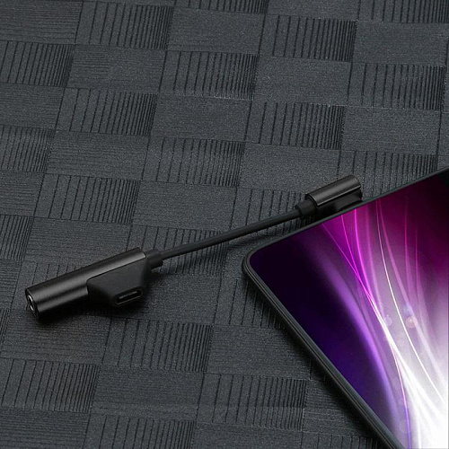Переходник Type-C на 3,5mm Jack+зарядка Type-C, угловой со шнуром, поддерживает не все samsung, черный