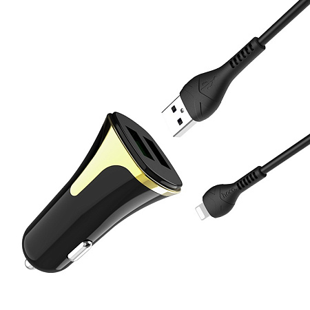 Автомобильное зарядное устройство, 2 USB 3.4A 18W QC3.0 (Z31), usb cable Lightning, HOCO, черный