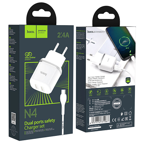 Сетевое зарядное устройство, 2 USB 2.4A 12W (N4), HOCO, Type-C, Умная зарядка, белый