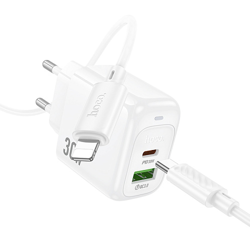 Сетевое зарядное устройство, 1 PD 30W + 1 USB 3.0 QC (CS55A), HOCO, Type-C to Lightning, белый
