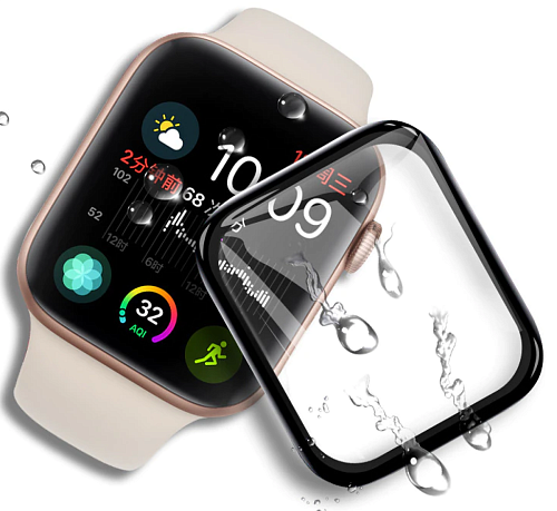 Защитное стекло на Apple Watch, 44mm, полный клей, прозрачное с черной рамкой