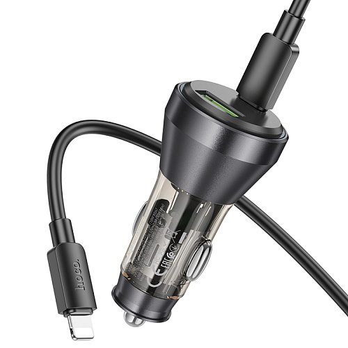 Автомобильное зарядное устройство, 1 USB QC3.0 18W, 1 PD 30W (NZ12B), HOCO, Type-С to Lightning, черный с прозрачным