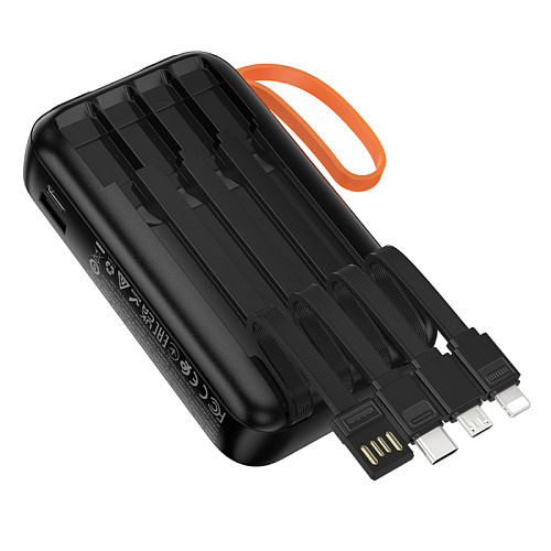 Универсальный Доп. Аккумулятор 10000mAh, J151, HOCO, выход 4 кабеля: Micro, Type-C, Lightning, USB, черный
