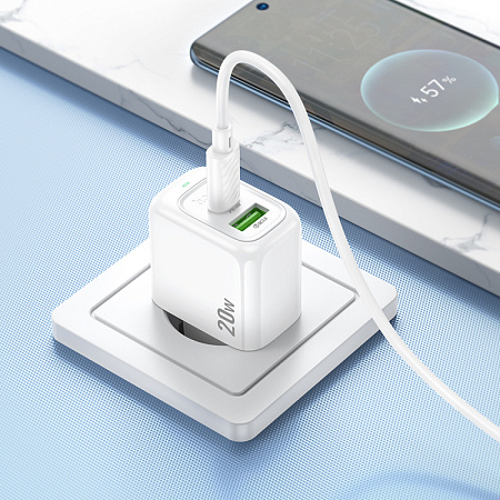Сетевое зарядное устройство, 1 USB 3.0 QC+1 PD 20W (CS54A), HOCO, Type-C to Type-C, белый