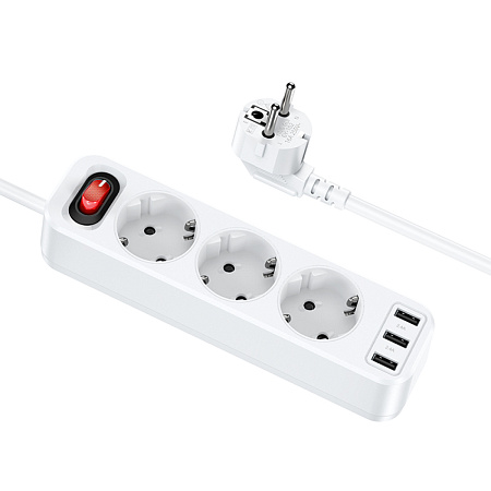 Сетевой фильтр на 3 розетки+3 USB, 1.8м, NS2, HOCO, белый