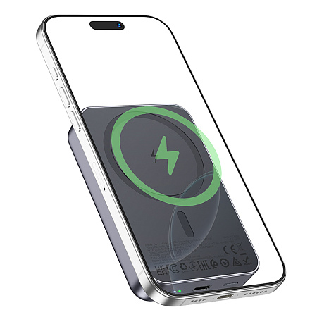 Универсальный Доп. Аккумулятор 10000mAh, J160A, HOCO, 1 PD 20W, беспроводная зарядка (MagSafe), серый