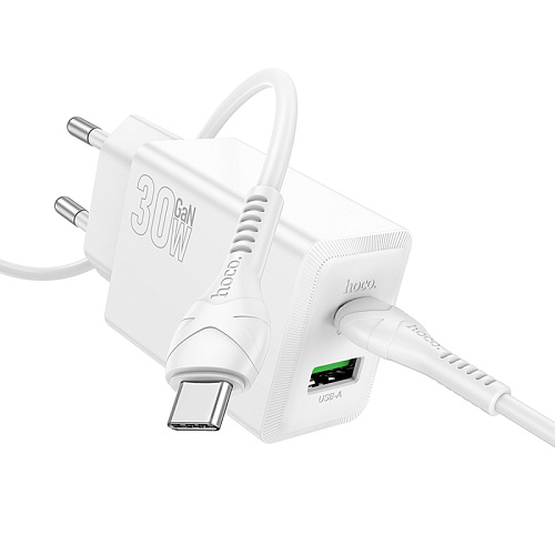 Сетевое зарядное устройство, 1 PD 30W + 1 USB 3.0 QC (N71), HOCO, Type-C to Type-C, белый