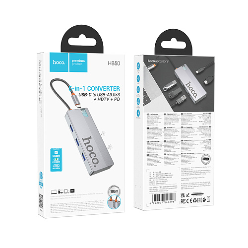 USB Хаб (HB50) с 1 Type-C на HDTV+1 PD+3 USB 3.0, HOCO, серый