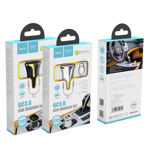 Автомобильное зарядное устройство, 2 USB 3.4A 18W QC3.0 (Z31), usb cable Lightning, HOCO, белый