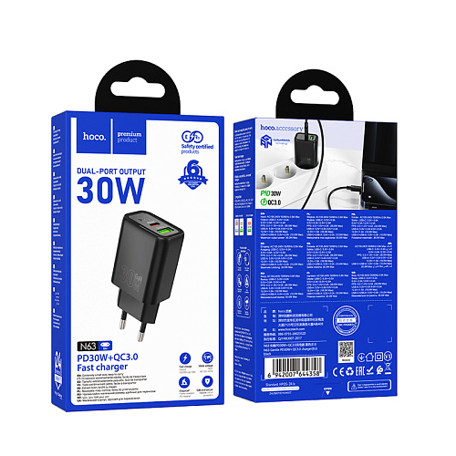Сетевое зарядное устройство, 1 PD 30W + 1 USB 3.0 QC (N63), HOCO, черный