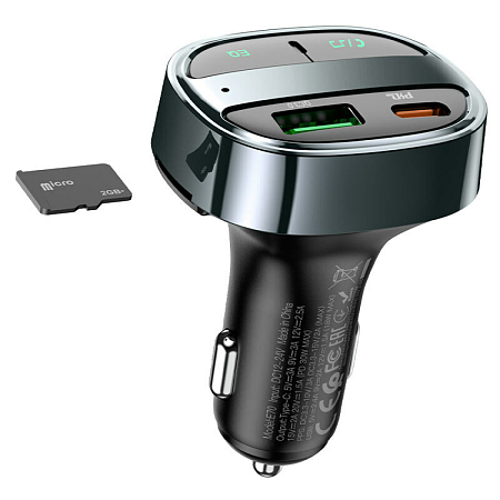 Bluetooth FM модулятор, E70, HOCO, 1 PD 30W+1 USB QC3.0, черный