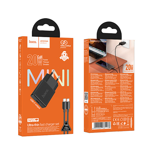 Сетевое зарядное устройство, 1 PD 20W (N72), HOCO, Type-C to Type-C, черный