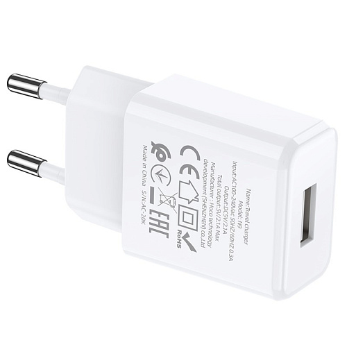 Сетевое зарядное устройство, 1 USB 2.1A (N9), HOCO, Type-C, Fast Charge, Безопасный сертификат, белый