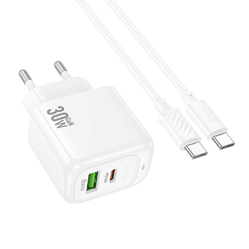 Сетевое зарядное устройство, 1 PD 30W + 1 USB 3.0 QC (CS55A), HOCO, Type-C to Type-C, белый