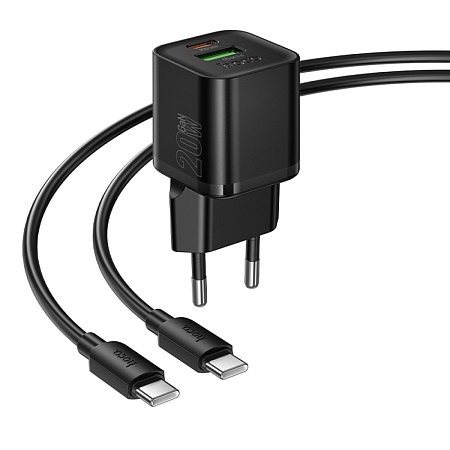 Сетевое зарядное устройство, 1 PD 20W + 1 USB 3.0 QC (N65), HOCO, Type-C to Type-C, черный