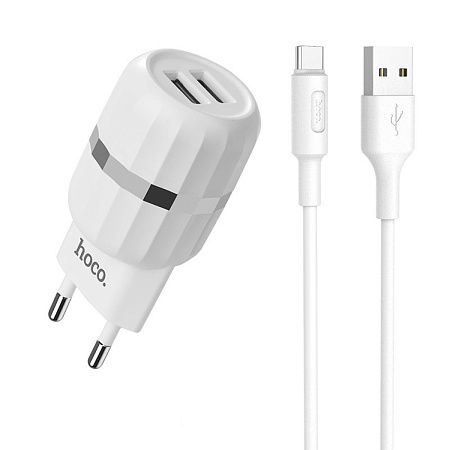Сетевое зарядное устройство, 2 USB 2.4A (C41A), HOCO, Type-C, белый