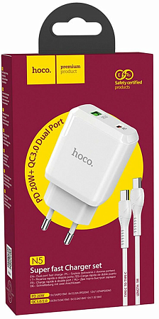 Сетевое зарядное устройство, 1 PD 20W + 1 USB 3.0 QC (N5), HOCO, Type-C to Type-C, белый