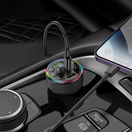 Bluetooth FM модулятор, E82, HOCO, 1 PD (30W), 1 USB (QC), черный