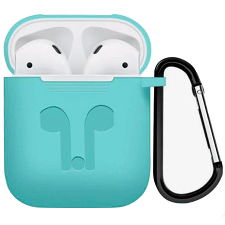 Чехол силиконовый для Airpods 1/Airpods 2 case, X-CASE, бирюзовый с карабином, &