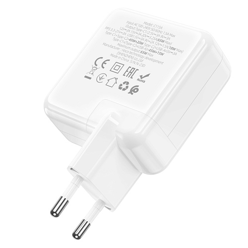 Сетевое зарядное устройство, 2 PD 65W + 1 USB 18W (C115A), HOCO, белый