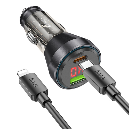 Автомобильное зарядное устройство, 1 USB QC3.0 18W, 1 PD 30W (NZ12B), HOCO, Type-С to Lightning, черный с прозрачным