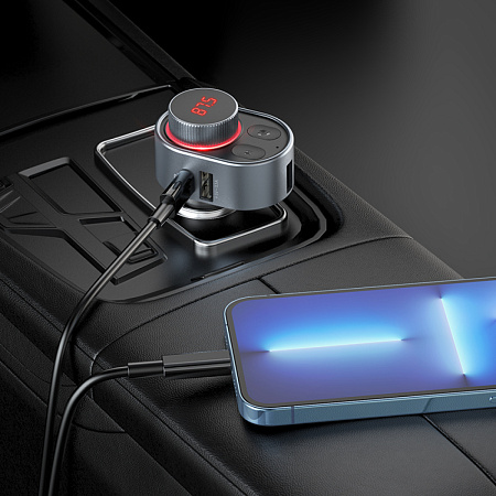 Bluetooth FM модулятор, E72, HOCO, 1 PD 30W+1 USB 3.1A+1 USB 5V/0,5A (для USB накопителя), серый