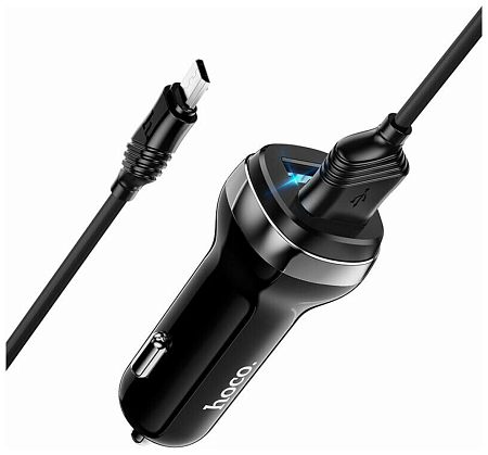 Автомобильное зарядное устройство, 2 USB 2.4A (Z40), usb cable Type-C, HOCO, черный