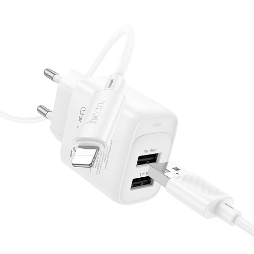 Сетевое зарядное устройство, 2 USB 2.1A (C141A), HOCO, Lightning, белый