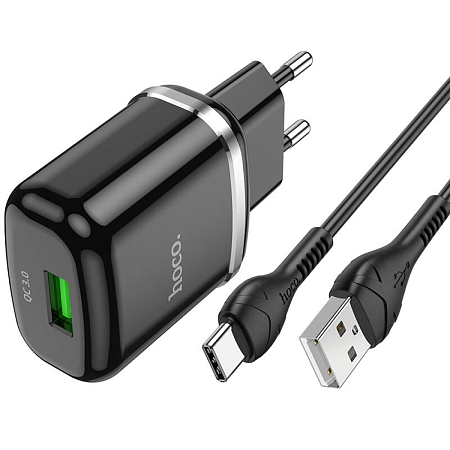 Сетевое зарядное устройство, 1 USB 3.0 QC (N3), HOCO, Type-C, Умная зарядка, черный
