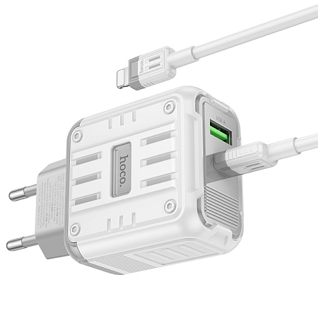 Сетевое зарядное устройство, 1 PD 45W + 1 USB 3.0 QC (C136A), HOCO, Type-C to Lightning, белый