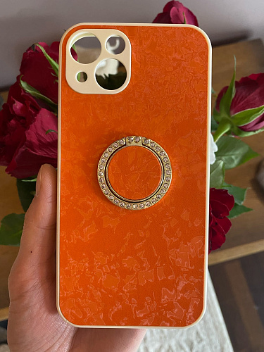 Чехол силиконовый для iPhone 13 (6.1), с подставкой кольцом на палец со стразами, X-CASE, оранжевый