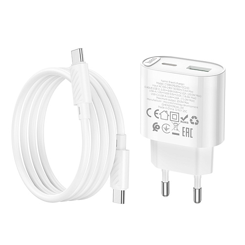 Сетевое зарядное устройство, 1 PD 20W + 1 USB 3.0 QC (C109A), HOCO, Type-C to Type-C, белый