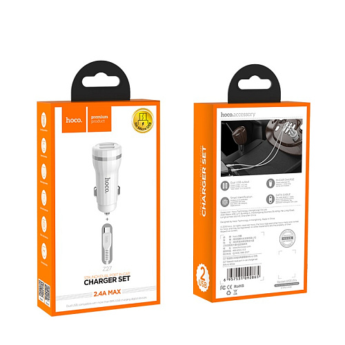 Автомобильное зарядное устройство, 2 USB 2.4A (Z27), usb cable micro, HOCO, белый