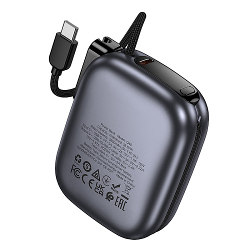 Универсальный Доп. Аккумулятор 10000mAh, Q49, HOCO, выход 1 PD (20W), кабель: Type-C, Lightning, с дисплеем, серый