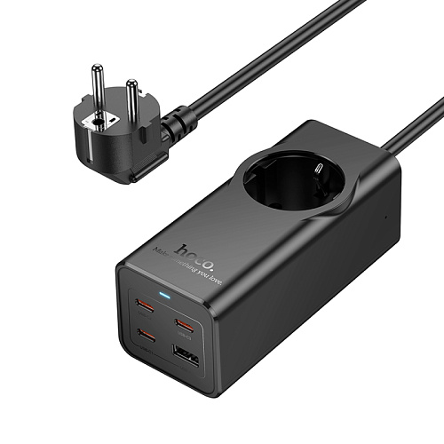 Сетевой фильтр на 1 розетка+1 USB+3 PD (67W), 2м, NS9, HOCO, черный
