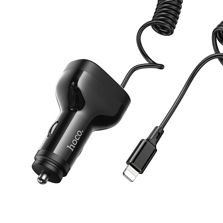 Автомобильное зарядное устройство, 2 USB QC3.0 18W, 1 PD 30W (NZ11A), HOCO, кабель Lightning, черный