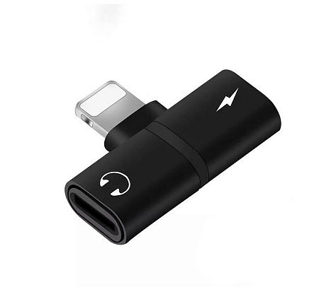 Переходник Lightning to наушники Lightning + зарядка Lightning, без bluetooth, музыка+зарядка+разговор, черный