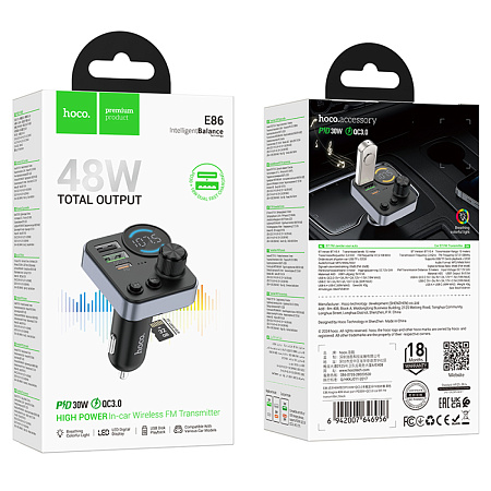 Bluetooth FM модулятор, E86, HOCO, 1 USB QC3.0+1 PD (30Вт)+1 USB 5V/0.5A, черный