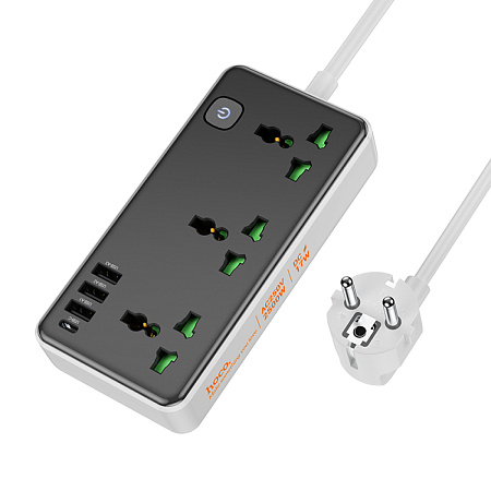 Сетевой фильтр на 3 розетки, 3 USB,  1 PD, 1.5м, AC7A, HOCO, черный