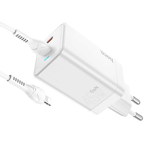 Сетевое зарядное устройство, 2 PD 45W (N23), HOCO, Type-C to Lightning, Безопасный сертификат, белый