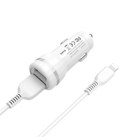 Автомобильное зарядное устройство, 2 USB 2.4A (Z27), usb cable lightning, HOCO, белый