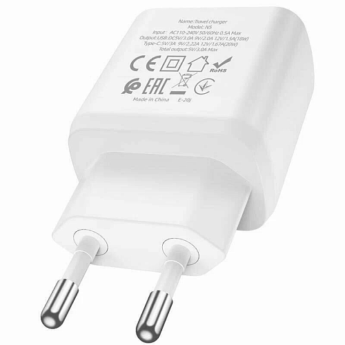 Сетевое зарядное устройство, 1 PD 20W + 1 USB 3.0 QC (N5), HOCO, Type-C to Type-C, белый