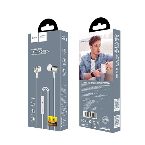 Проводные наушники M42 Ice rhyme wire control, HOCO, вакуумные с микрофоном, серебро