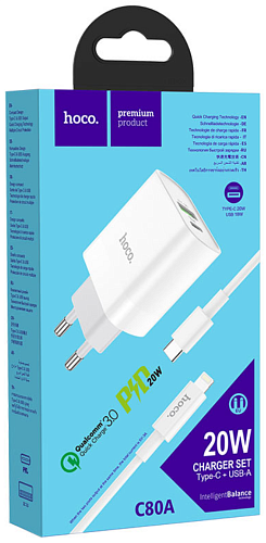 Сетевое зарядное устройство, 1 PD 20W + 1 USB 3.0 QC (C80A), HOCO, Type-C to Lightning, белый