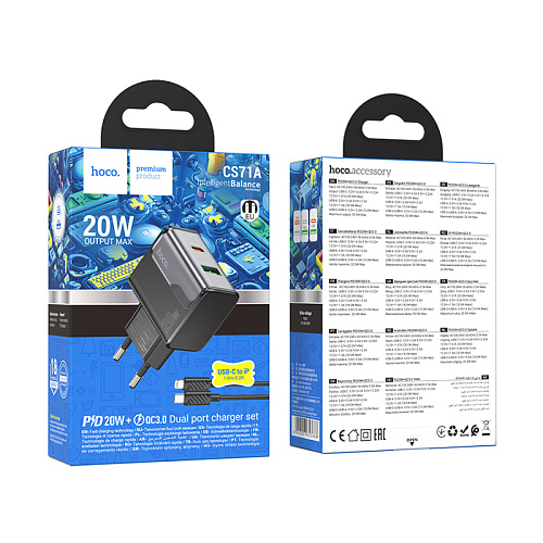 Сетевое зарядное устройство, 1 PD 20W + 1 USB 3.0 QC (CS71A), HOCO, Type-C to Lightning, черный