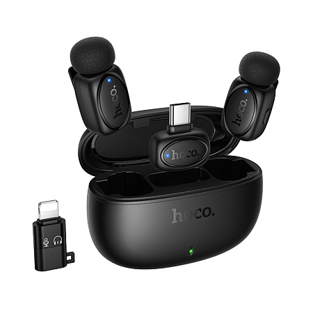Беспроводной микрофон (2 шт) с приемником для Type-C и Lightning, L19, HOCO, черный