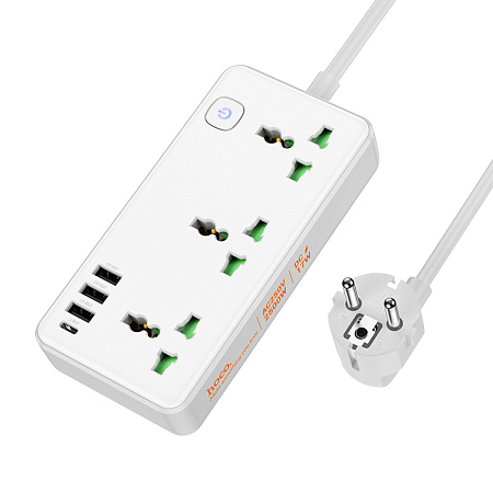 Сетевой фильтр на 3 розетки, 3 USB,  1 PD, 1.5м, AC7A, HOCO, белый