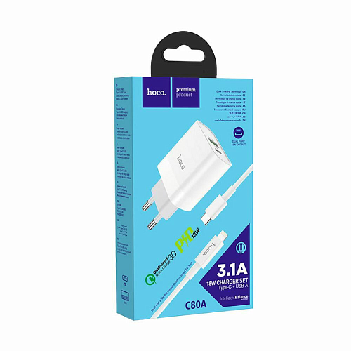 Сетевое зарядное устройство, 1 PD 20W + 1 USB 3.0 QC (C80A), HOCO, Type-C to Lightning, белый